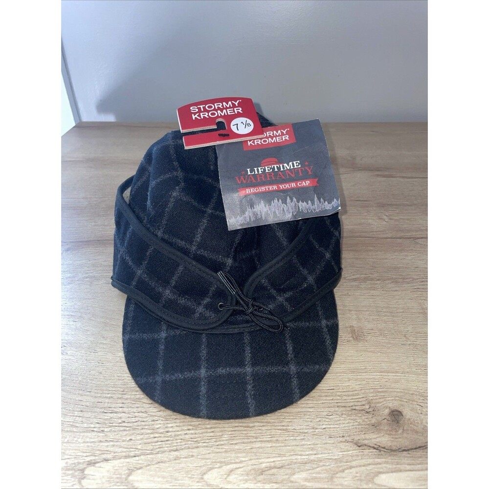 Stormy Kromer The Original Cap Black Gray Plaid Wool Blend Size 7 1/8 USA Made